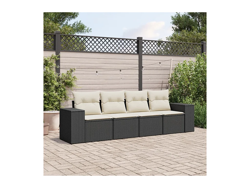 4-delige Loungeset met kussens poly rattan zwart