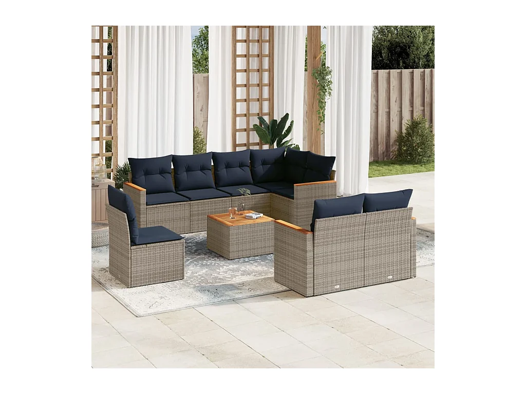 Set Divano da Giardino 9 pz con Cuscini Grigio in Polyrattan