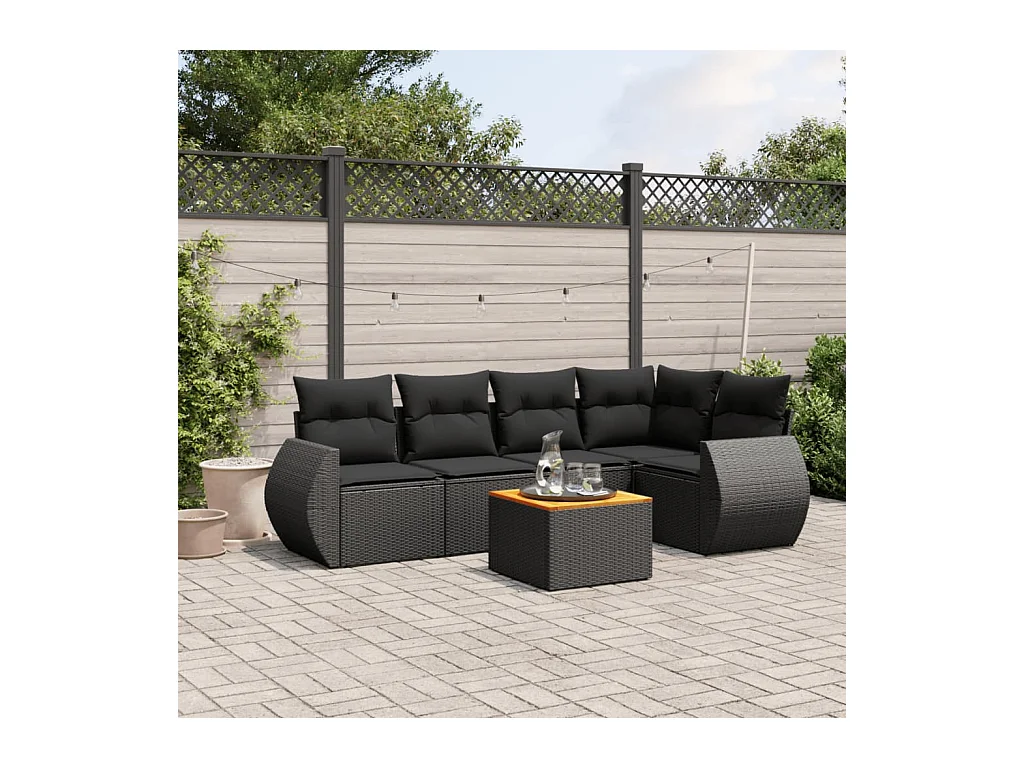 6-delige Loungeset met kussens poly rattan zwart