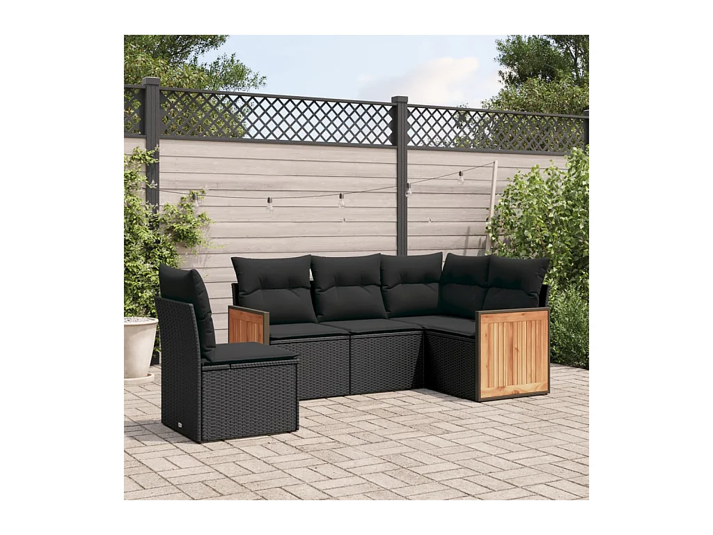 5-delige Loungeset met kussens poly rattan zwart