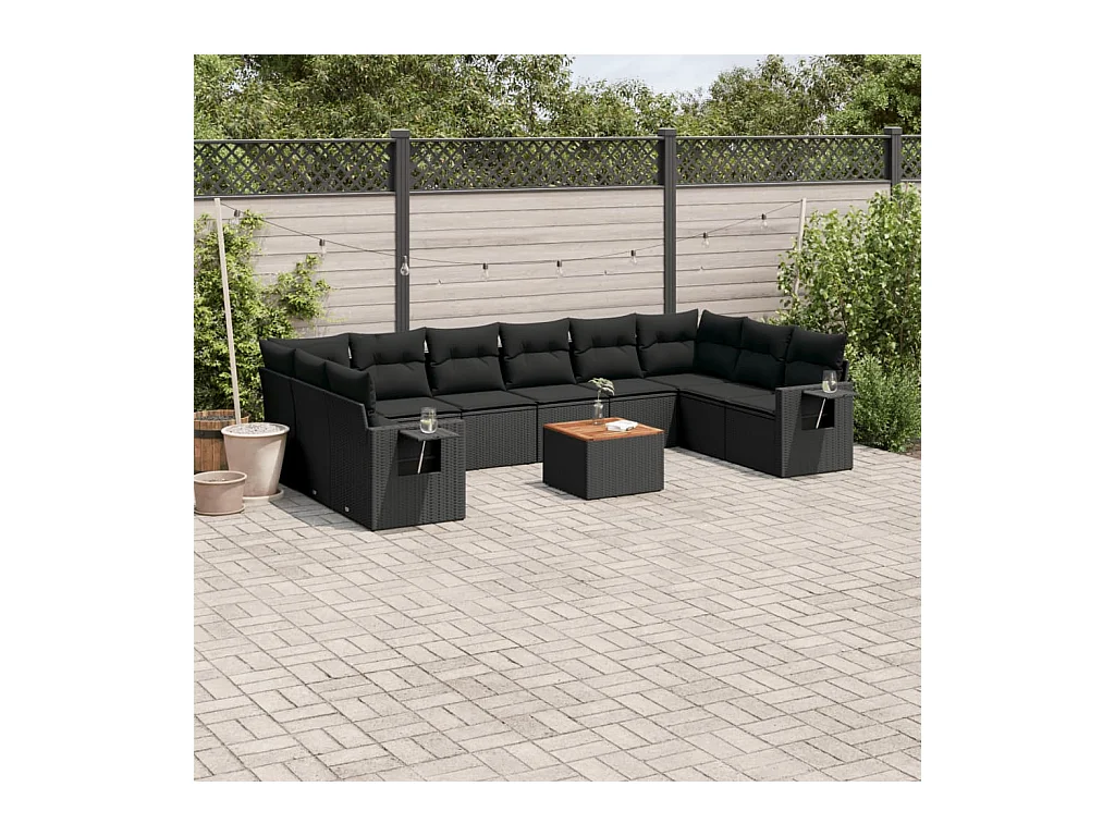 Salon de jardin 11 pcs avec coussins noir résine tressée