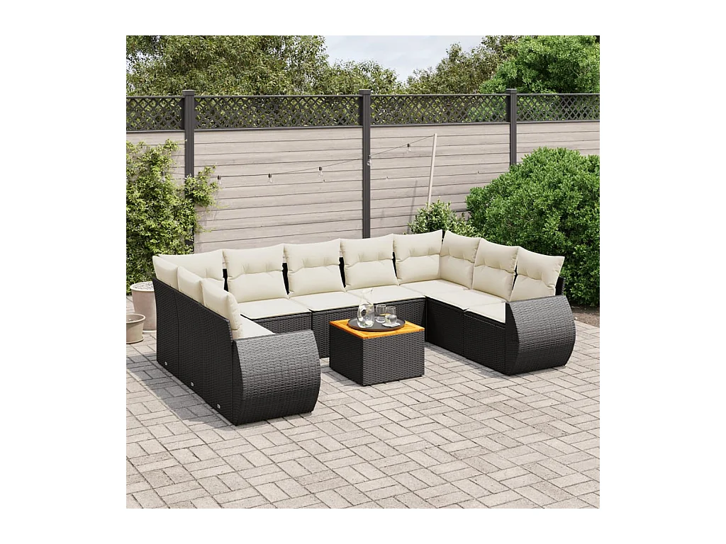 10-delige Loungeset met kussens poly rattan zwart