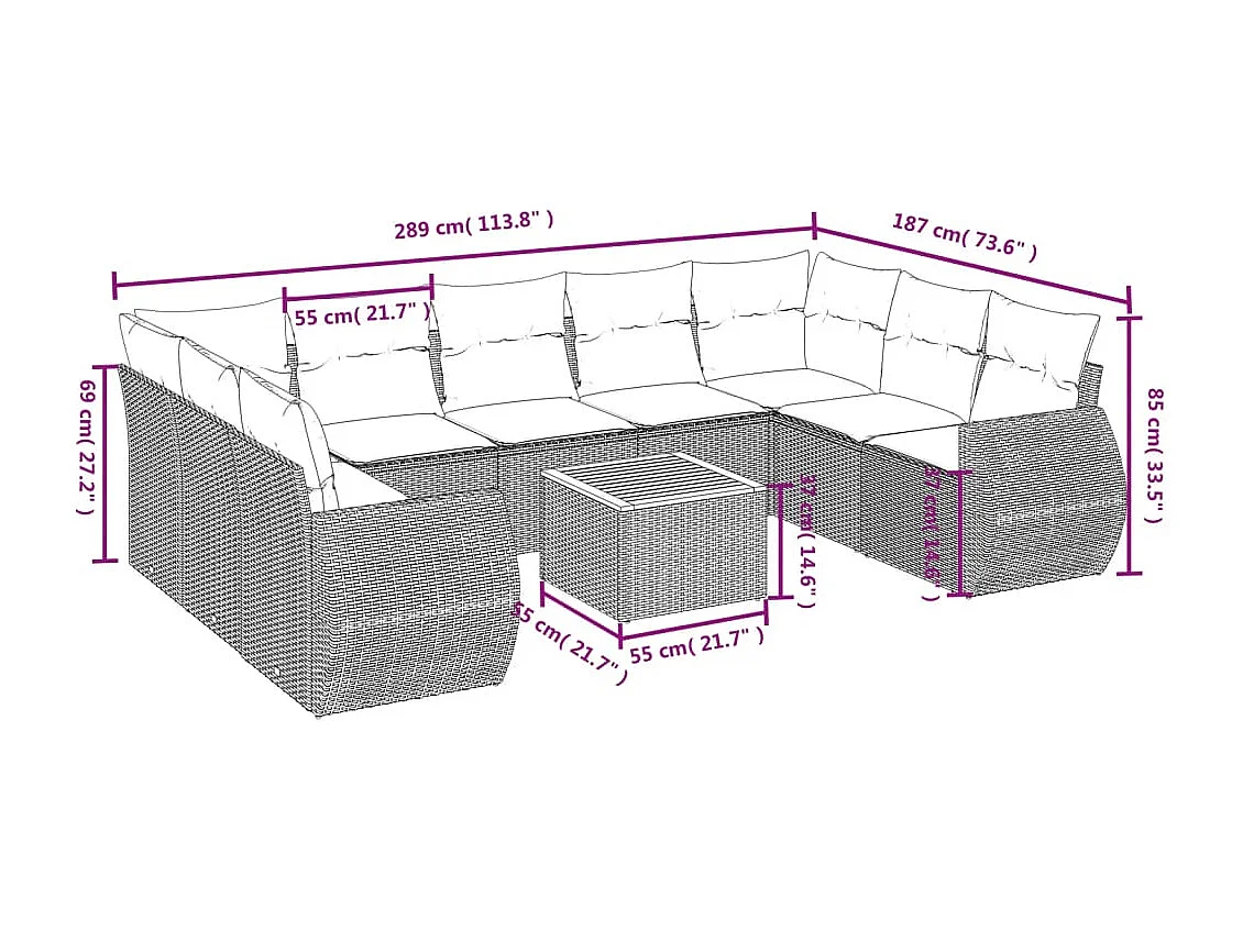 10-tlg. Garten-Sofagarnitur mit Kissen Schwarz Poly Rattan