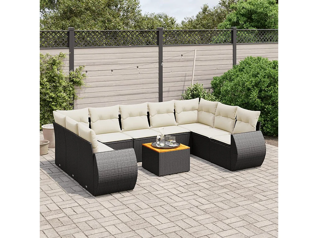 10-delige Loungeset met kussens poly rattan zwart