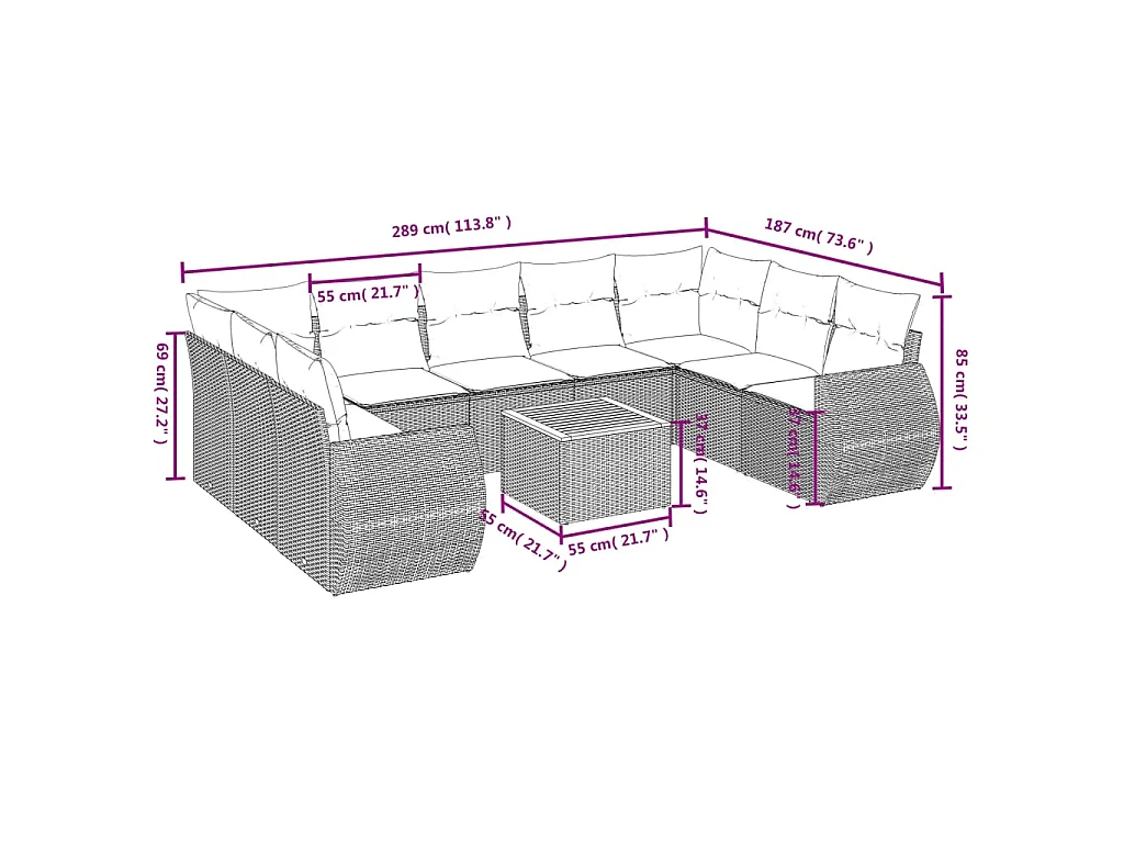 10-delige Loungeset met kussens poly rattan zwart