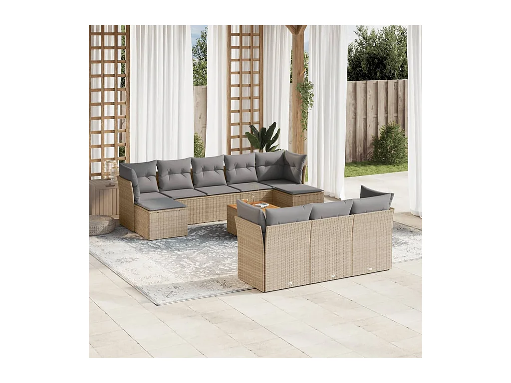 Salon de jardin et coussins 11 pcs mélange beige résine tressée
