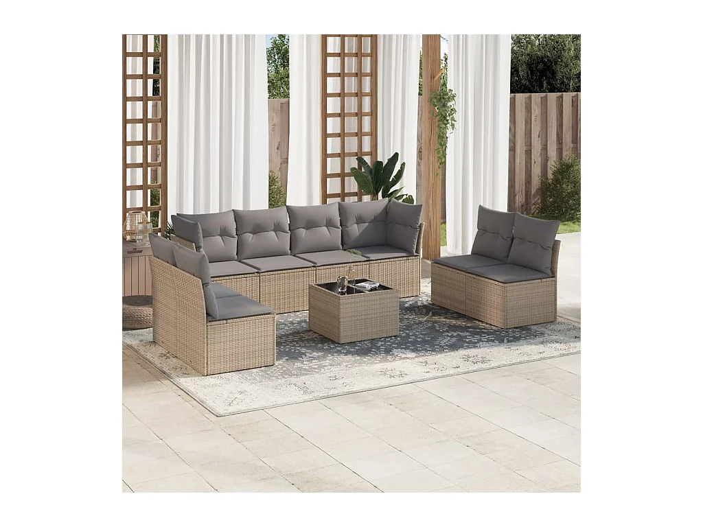 9-tlg. Garten-Sofagarnitur mit Kissen Beige Poly Rattan