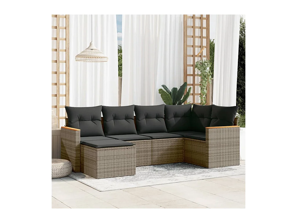 Salon de jardin 6 pcs avec coussins gris résine tressée