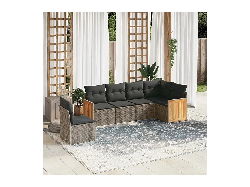 Salon de jardin 6 pcs avec coussins gris résine tressée