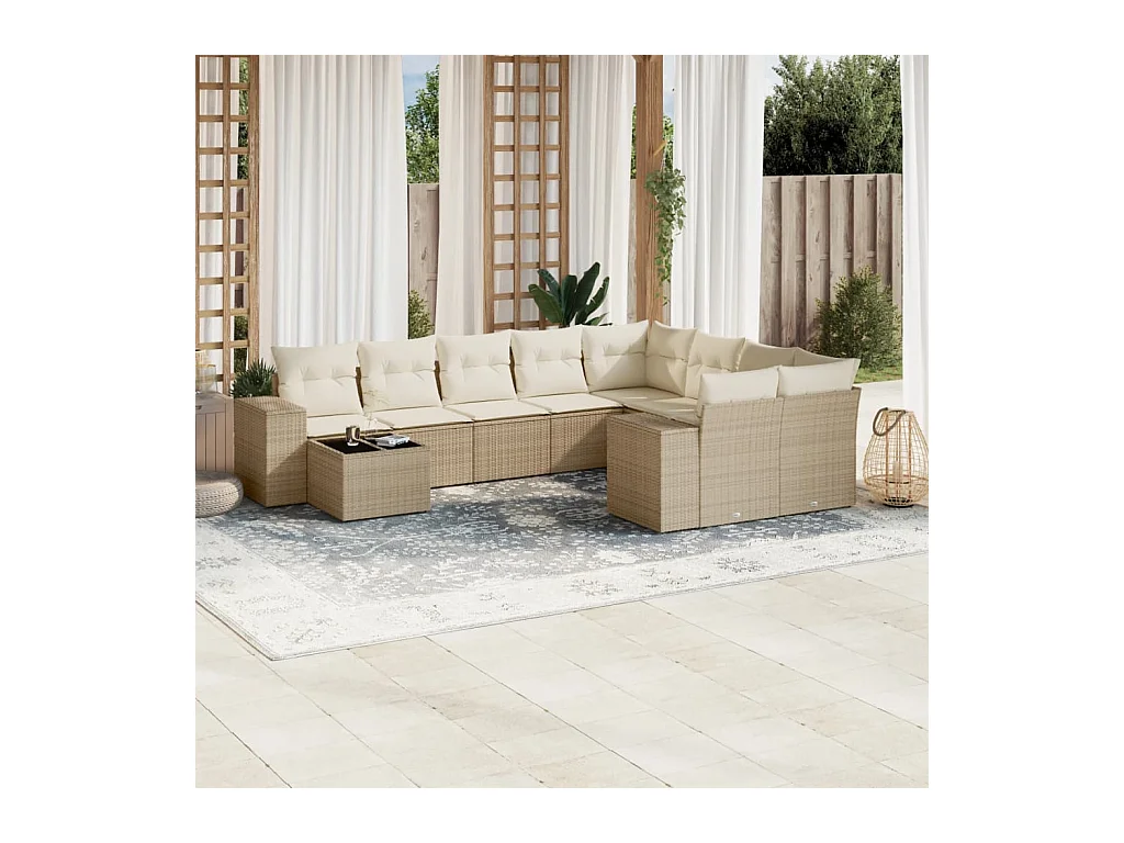 Set Divano da Giardino 10 pz con Cuscini Beige in Polyrattan
