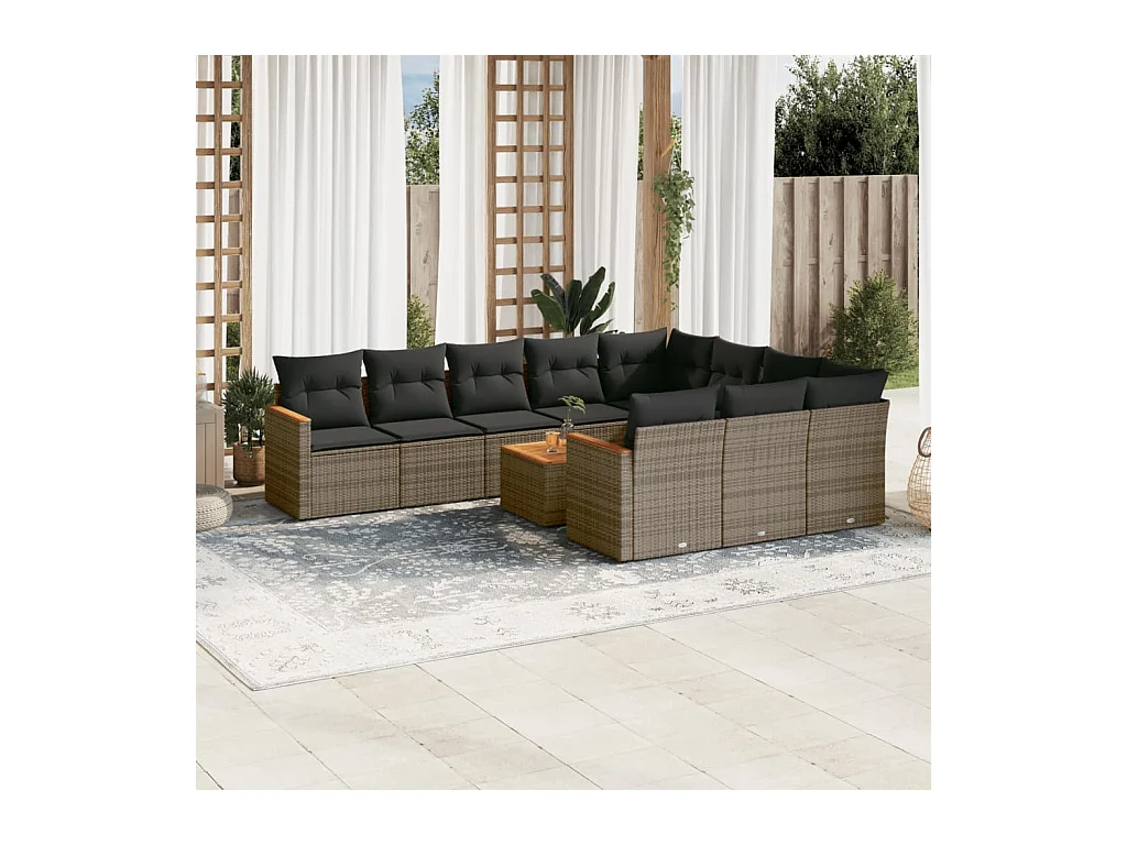 Set Divani da Giardino 11 pz con Cuscini in Polyrattan Grigio