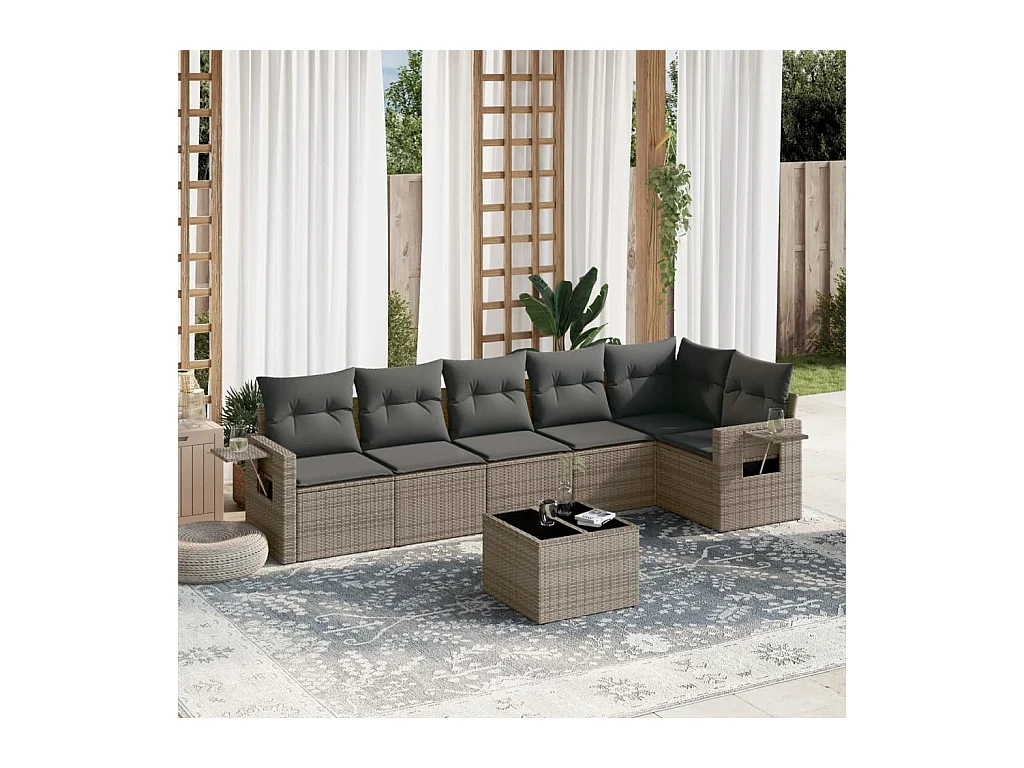 Salon de jardin avec coussins 7 pcs gris résine tressée