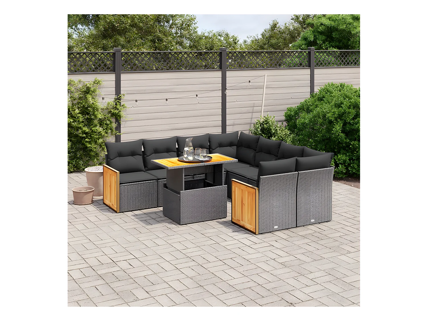 Salon de jardin 9 pcs avec coussins noir résine tressée