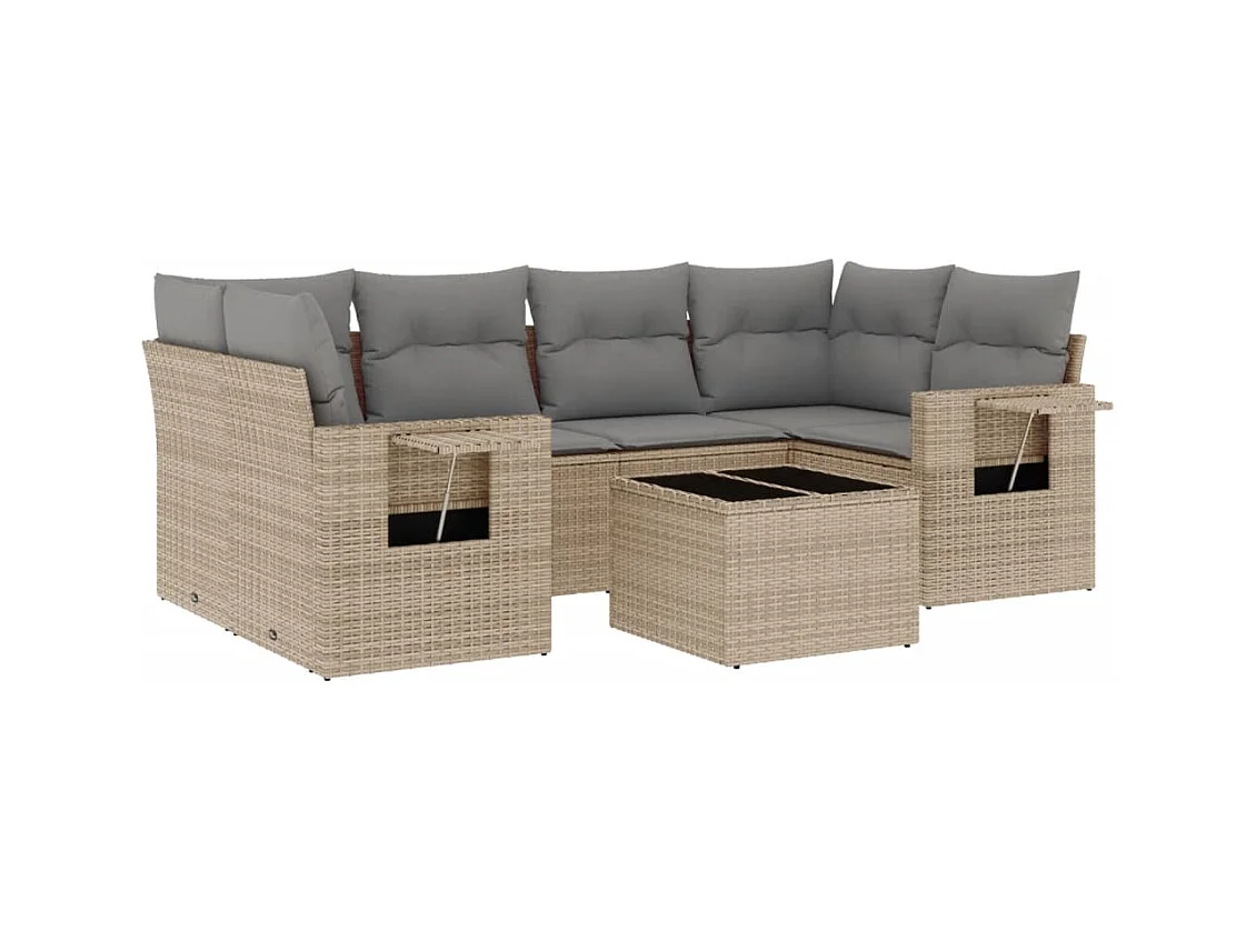 7-tlg. Garten-Sofagarnitur mit Kissen Beige Poly Rattan