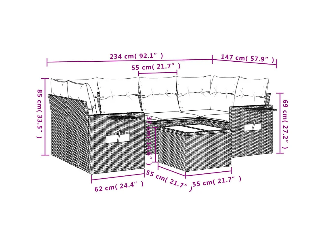 7-tlg. Garten-Sofagarnitur mit Kissen Beige Poly Rattan