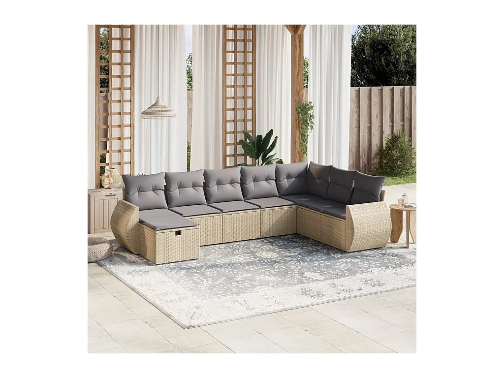 8 pcs conj. sofás jardim c/ almofadões vime PE bege misturado