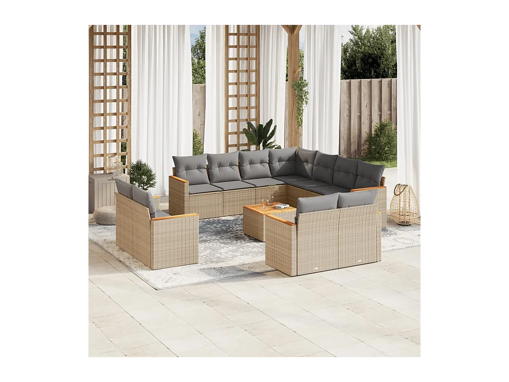 Salon de jardin avec coussins 12 pcs beige résine tressée