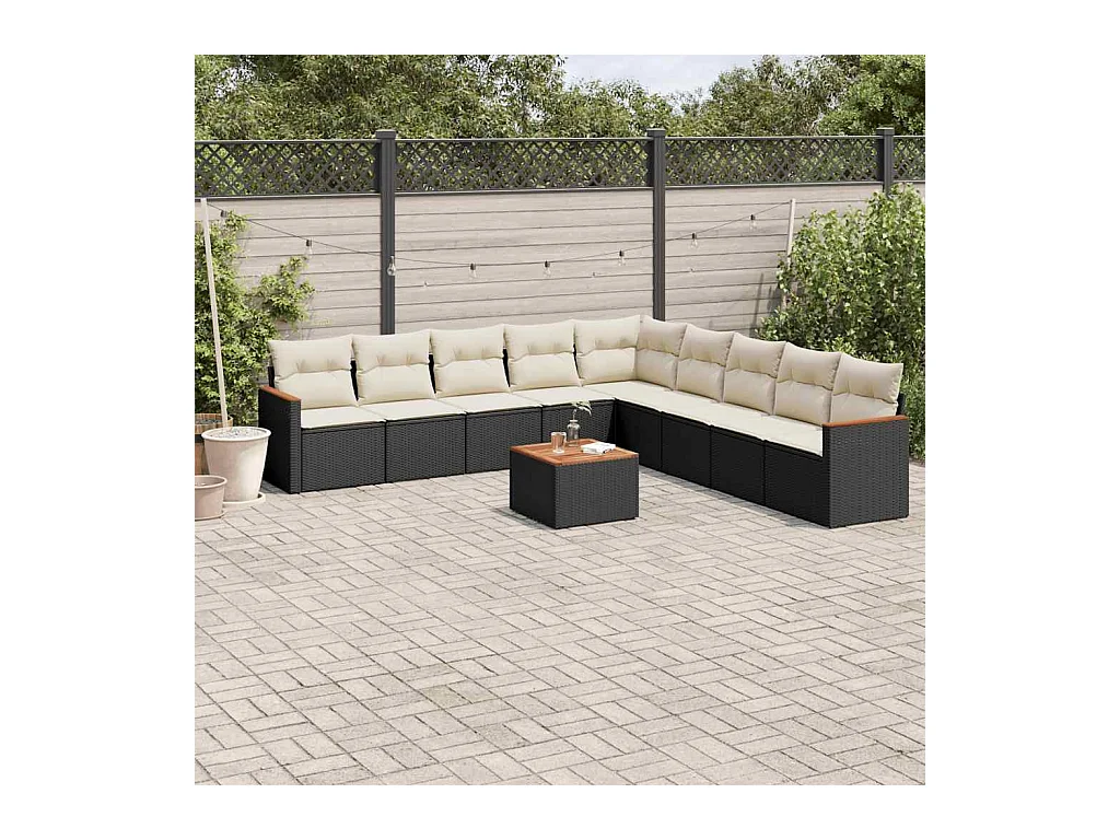 10-delige Loungeset met kussens poly rattan zwart