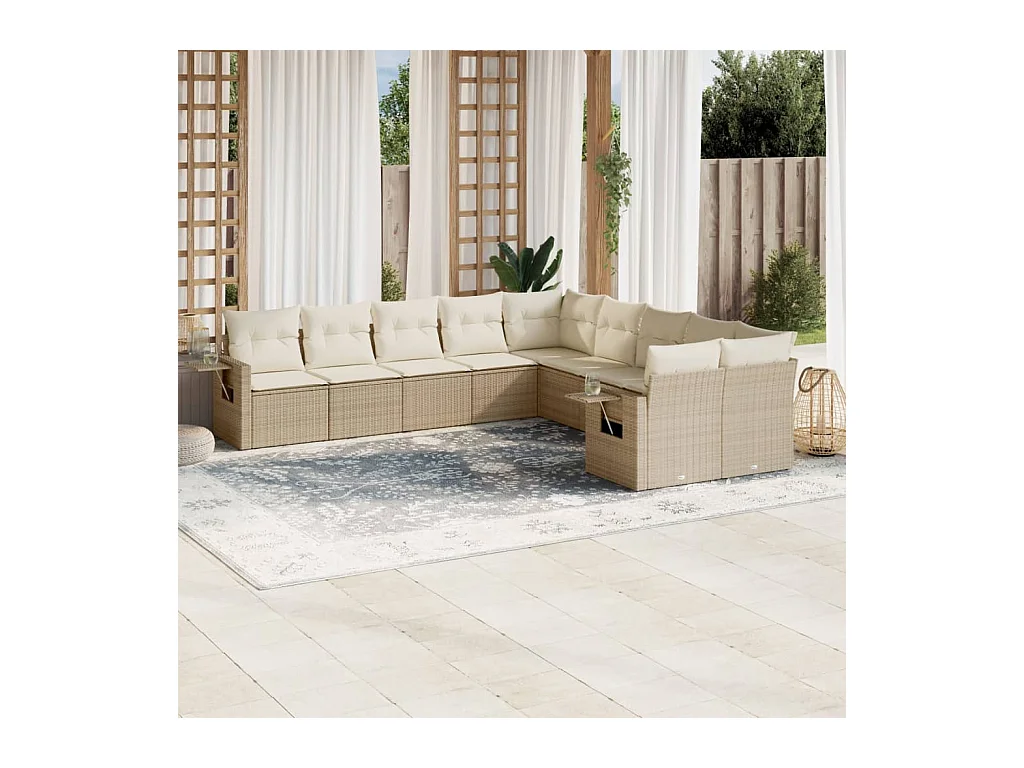10-delige Loungeset met kussens poly rattan beige