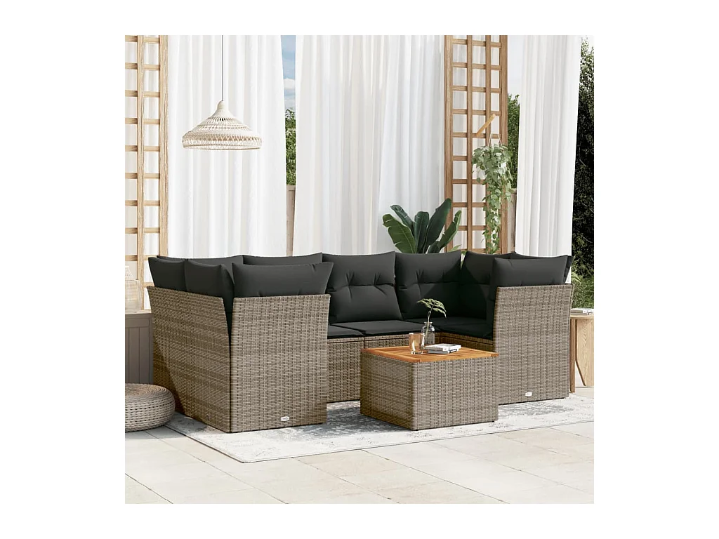 Set de sofás de jardín 7 piezas con cojines ratán PE gris