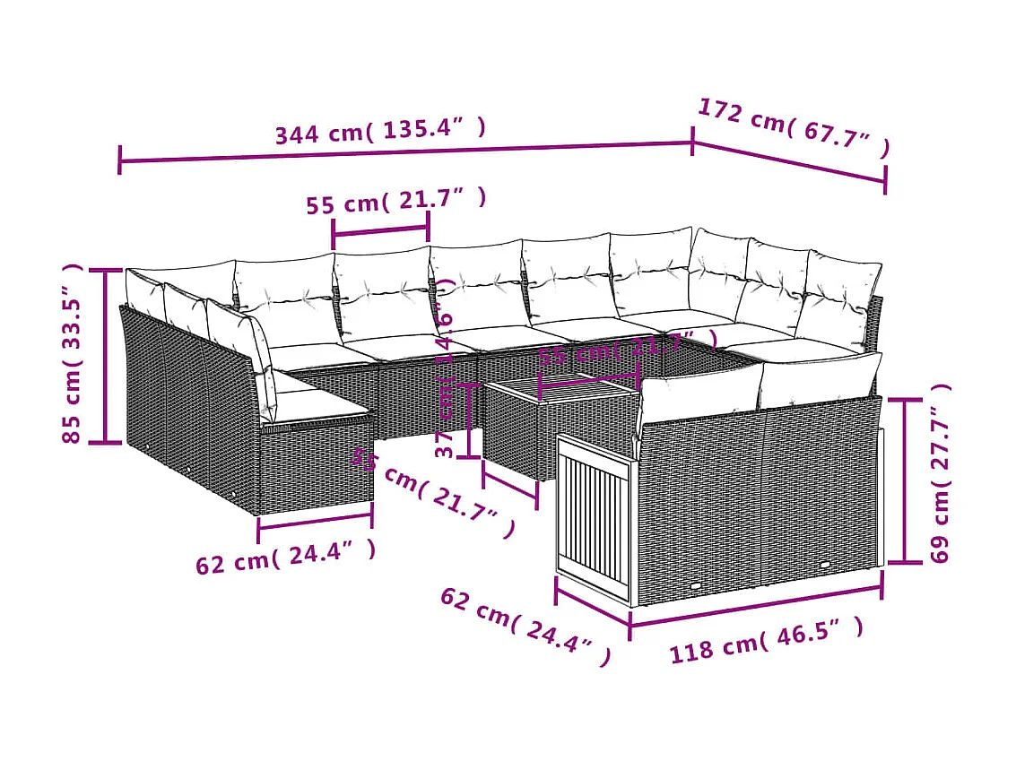 Set Divano da Giardino 13 pz con Cuscini Beige in Polyrattan
