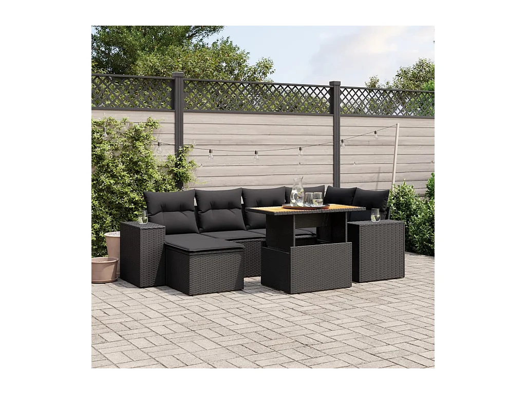 7-delige Loungeset met kussens poly rattan zwart