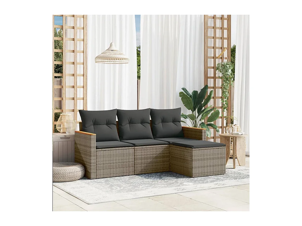 Set Divani da Giardino 4 pz con Cuscini in Polyrattan Grigio