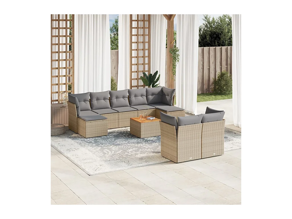 Salon de jardin et coussins 10 pcs mélange beige résine tressée