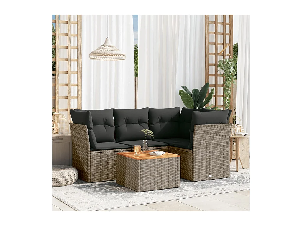5-delige Loungeset met kussens poly rattan grijs
