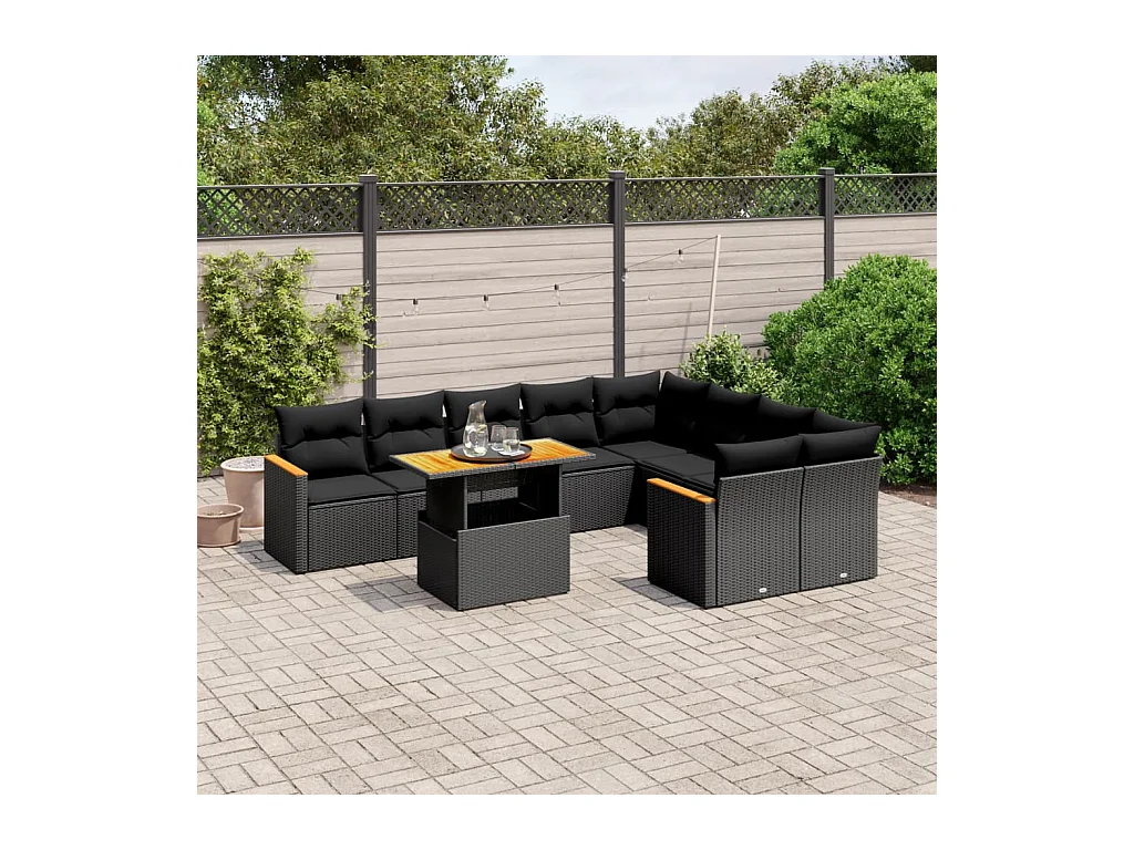 Salon de jardin 10 pcs avec coussins noir résine tressée