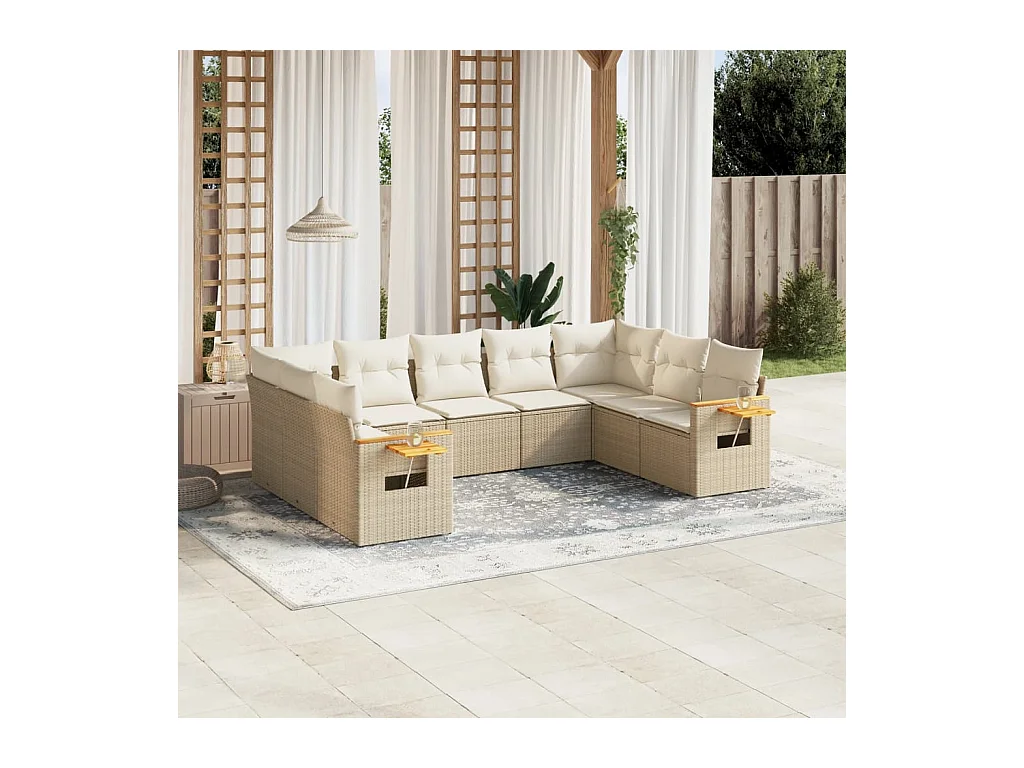 9-tlg. Garten-Sofagarnitur mit Kissen Beige Poly Rattan