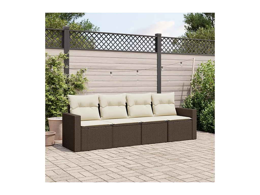 Set Divano da Giardino 4 pz con Cuscini Marrone in Polyrattan