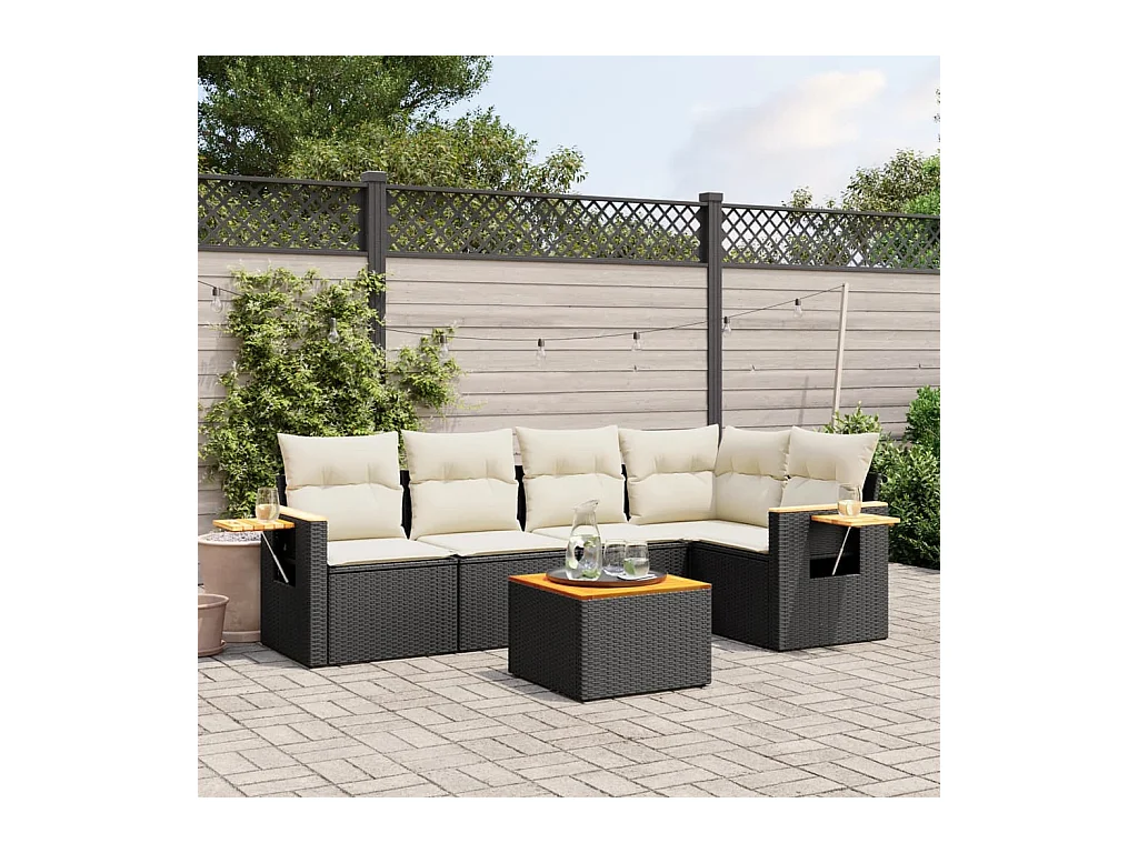 Salon de jardin 6 pcs avec coussins noir résine tressée
