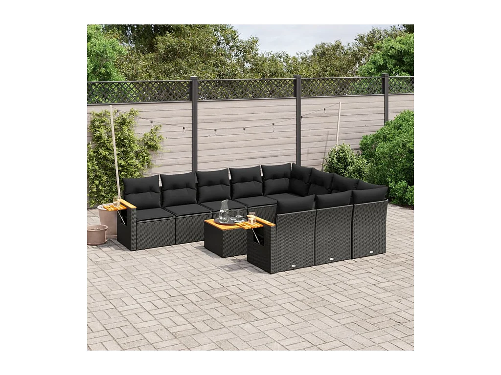 Salon de jardin 11 pcs avec coussins noir résine tressée