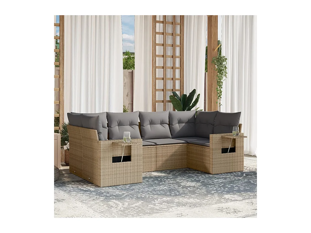 6-delige Loungeset met kussens poly rattan beige