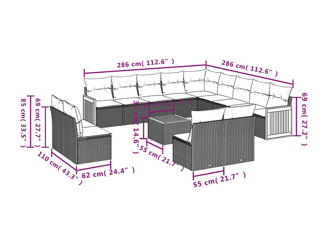 14-tlg. Garten-Sofagarnitur mit Kissen Schwarz Poly Rattan