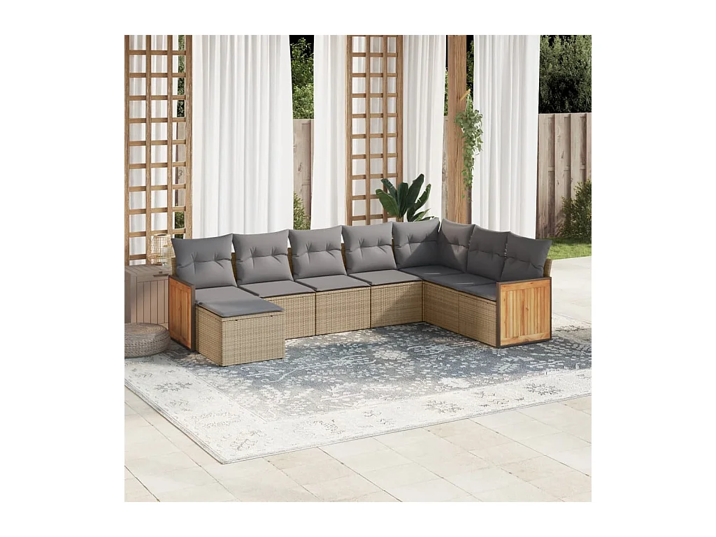 Set Divano da Giardino 8 pz con Cuscini Beige in Polyrattan