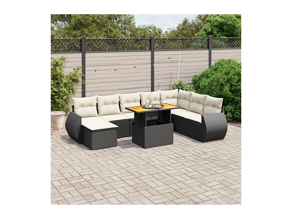 Set Divani da Giardino 9 pz con Cuscini Nero in Polyrattan
