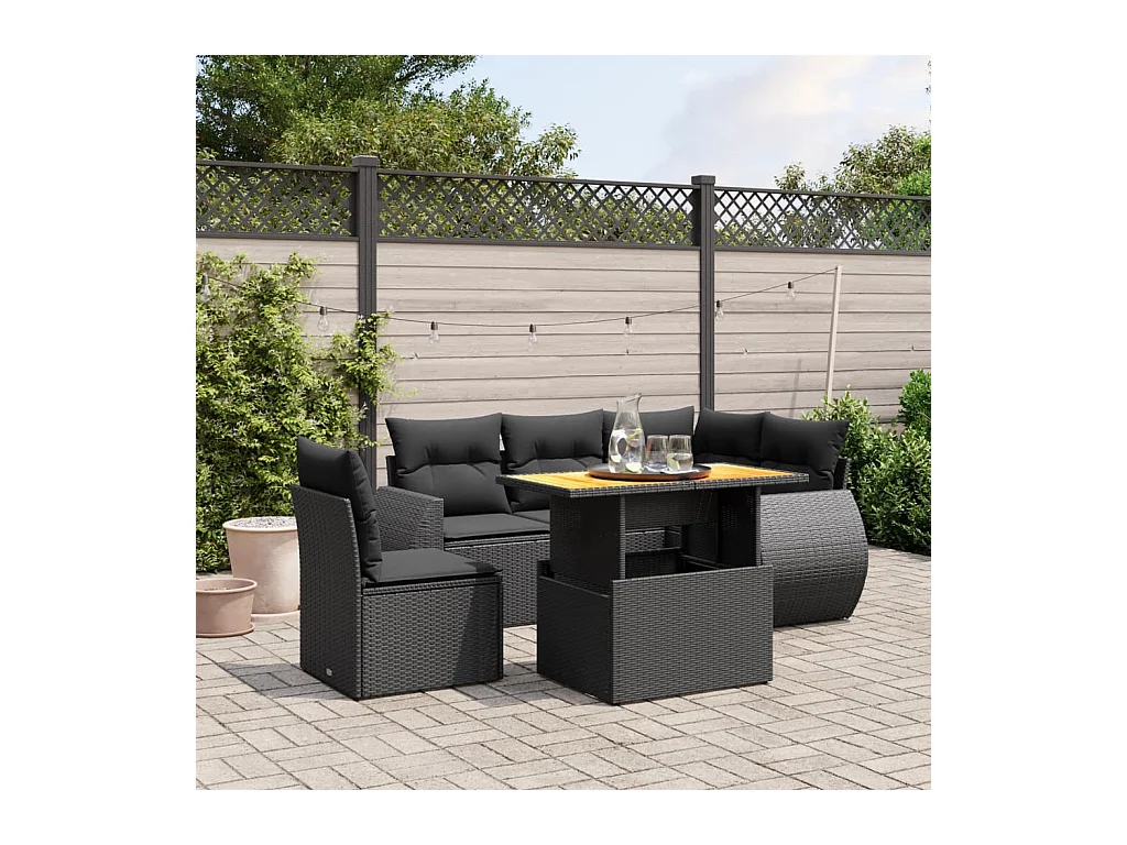 Salon de jardin 6 pcs avec coussins noir résine tressée