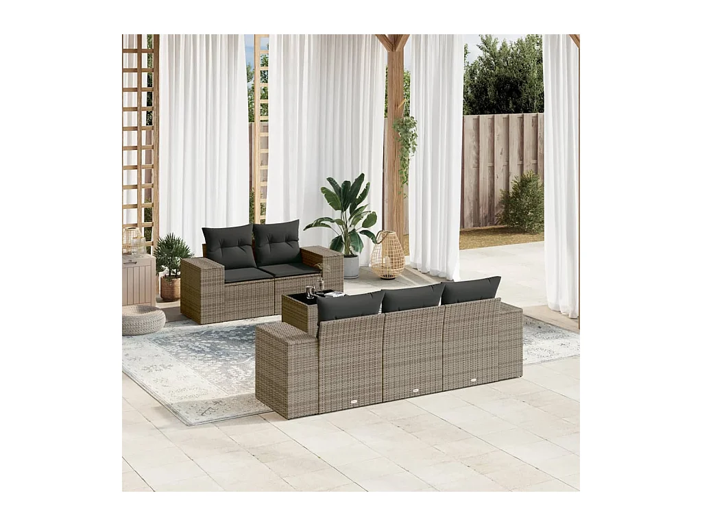 6-delige Loungeset met kussens poly rattan grijs