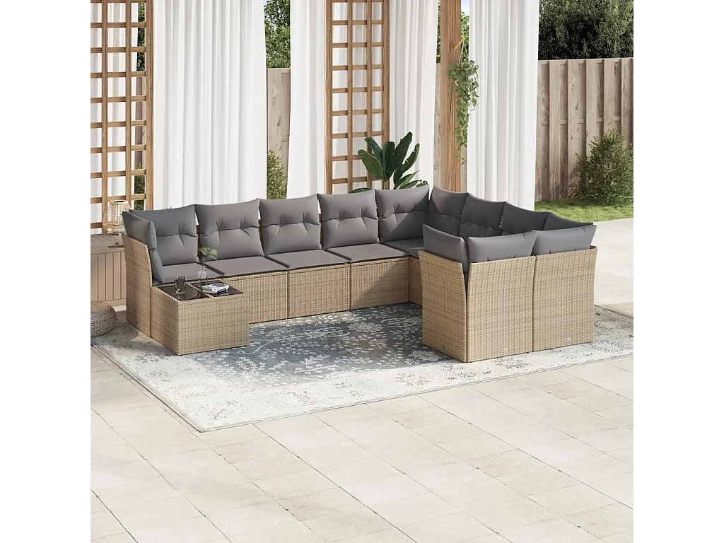 Set Divano da Giardino 10 pz con Cuscini Beige in Polyrattan