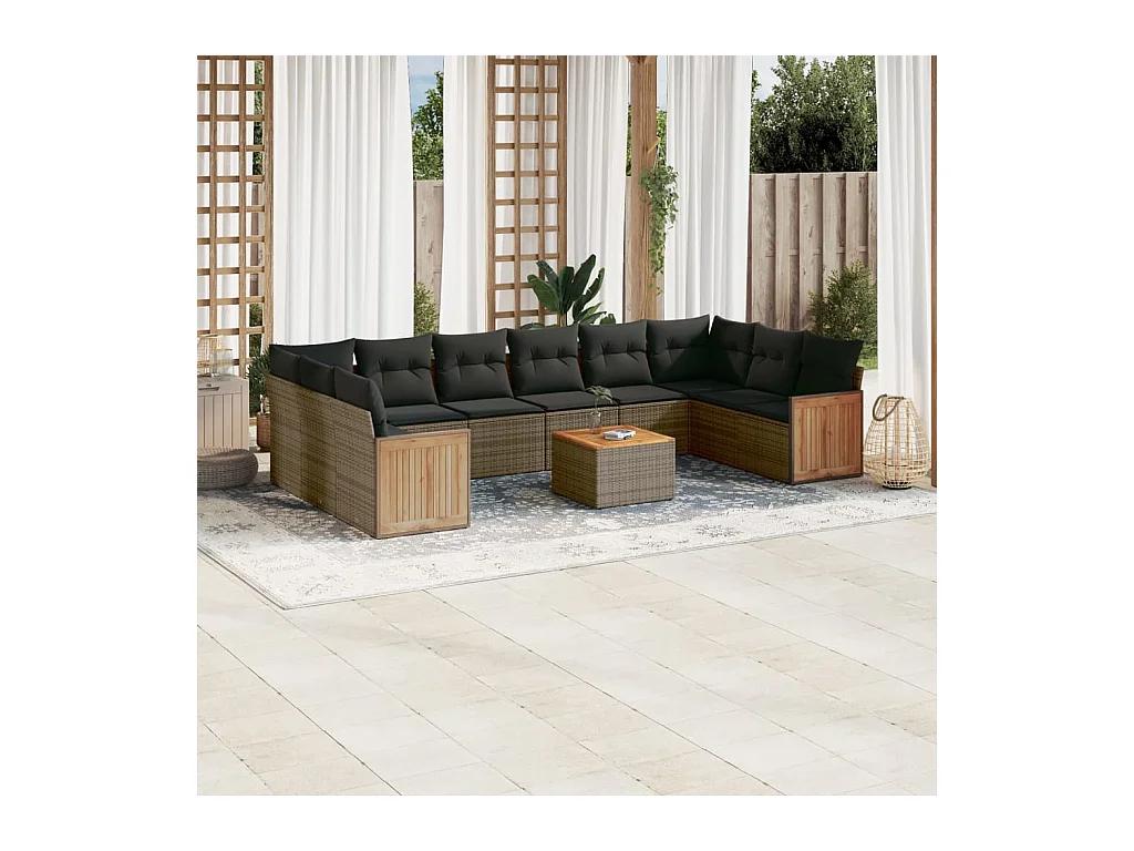 Salon de jardin 11 pcs avec coussins gris résine tressée
