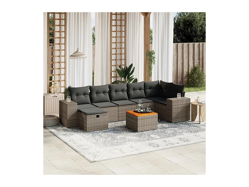Salon de jardin 8 pcs avec coussins gris résine tressée