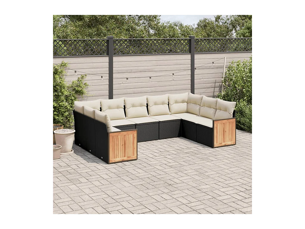 Salon de jardin 9 pcs avec coussins noir résine tressée
