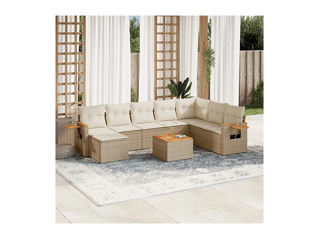 Salon de jardin avec coussins 9 pcs beige résine tressée