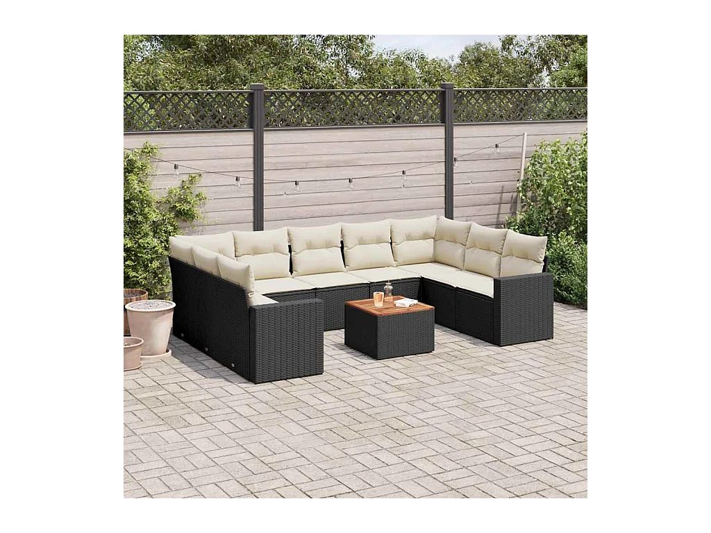 10-delige Loungeset met kussens poly rattan zwart