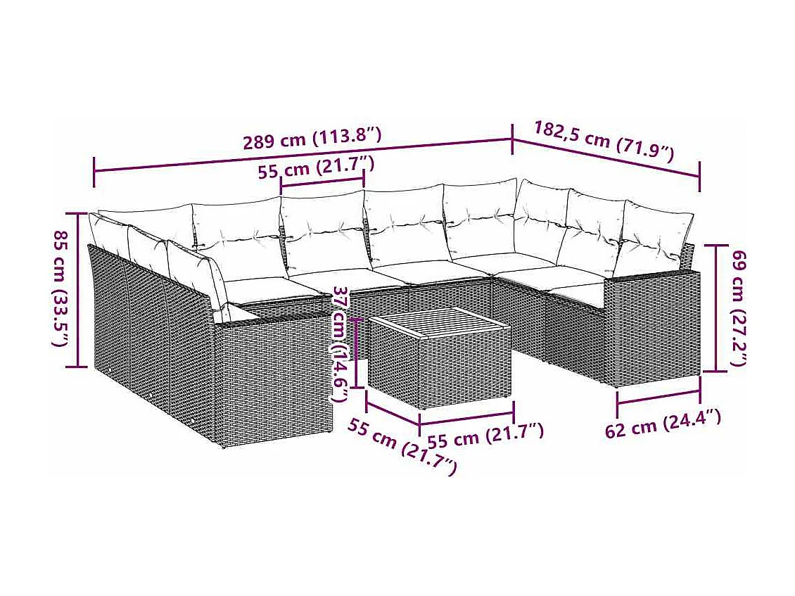 Salon de jardin 10 pcs avec coussins noir résine tressée
