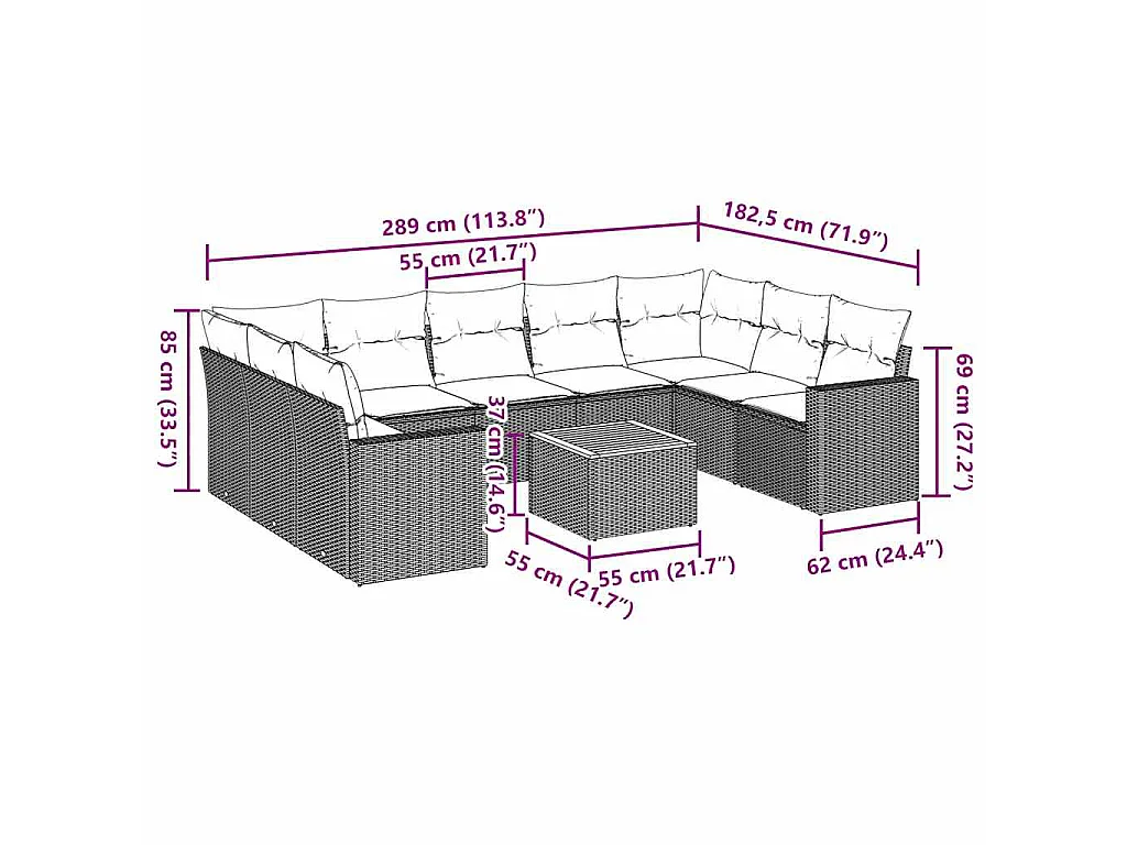 10-delige Loungeset met kussens poly rattan zwart