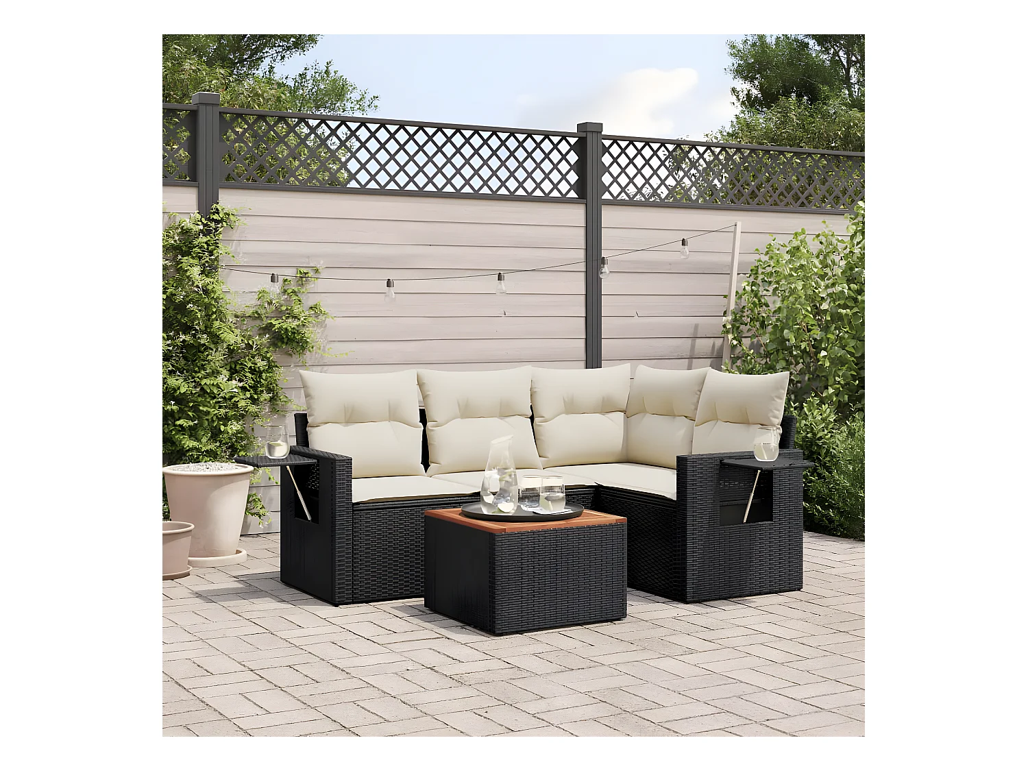 Salon de jardin 5 pcs avec coussins noir résine tressée
