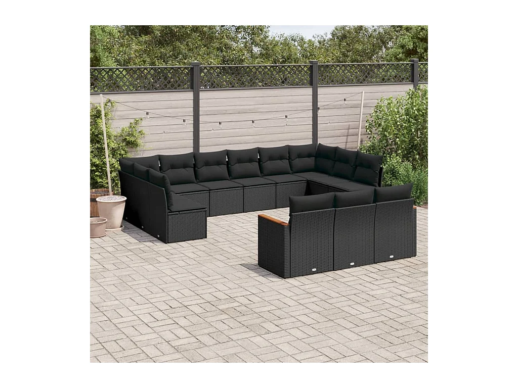 Salon de jardin avec coussins 13 pcs noir résine tressée